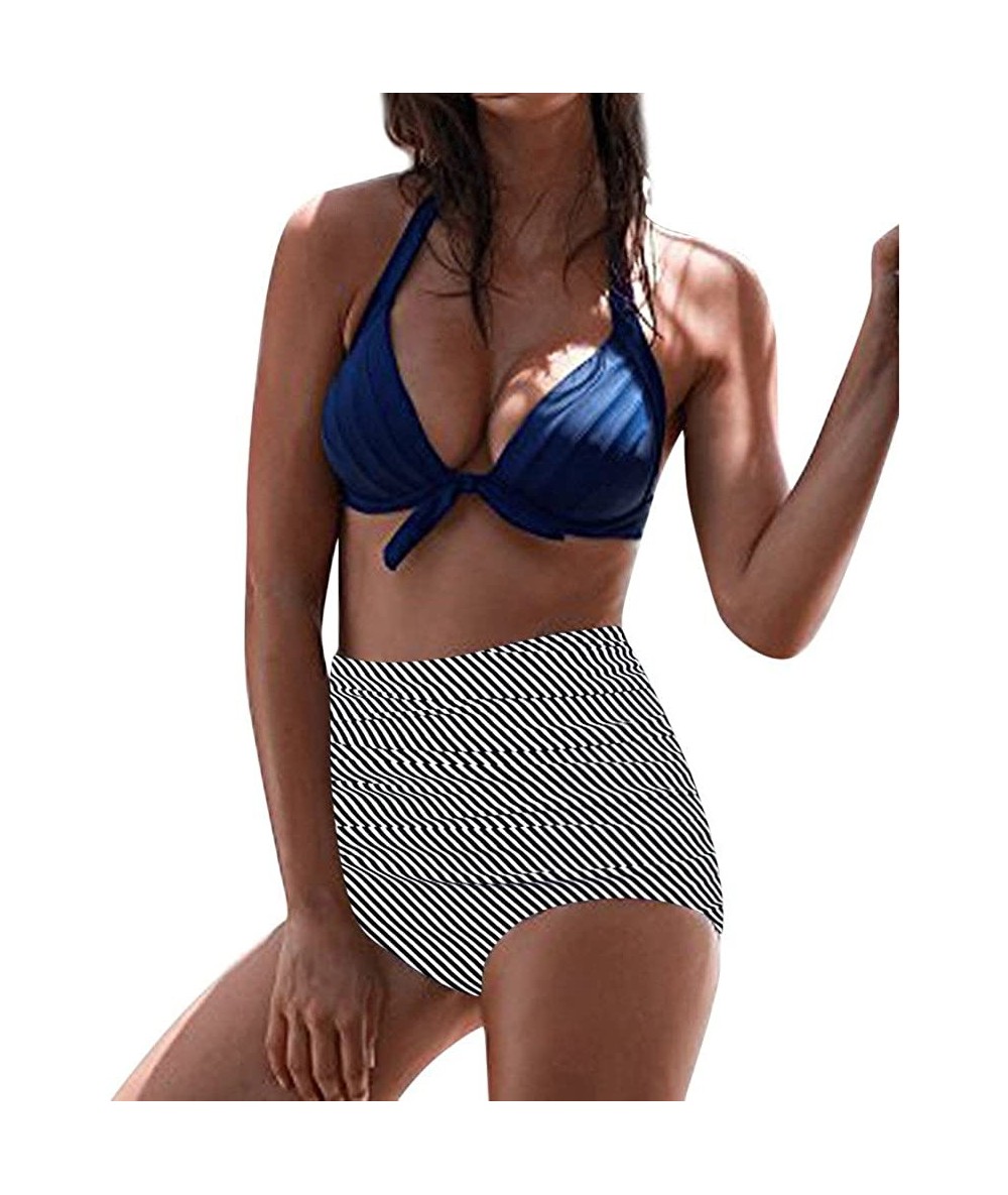 Sets Women's High Waist Bikini Swimwear Women's Vintage Print Beachwear Bikini Set Swimwear - B1-blue - C9196M6COUI $21.14