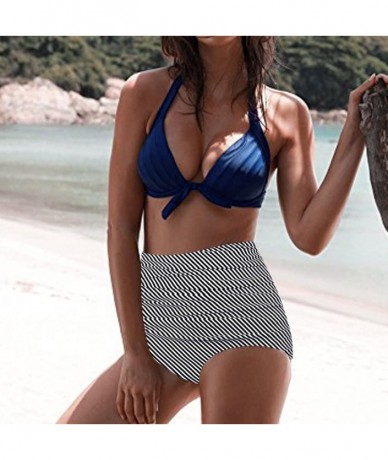 Sets Women's High Waist Bikini Swimwear Women's Vintage Print Beachwear Bikini Set Swimwear - B1-blue - C9196M6COUI $21.14