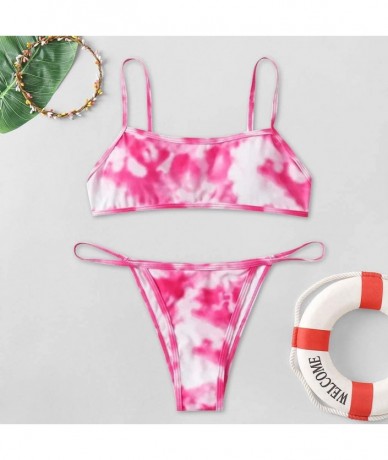 Racing Women's Tie-Dye Print Bikini Set Push-Up Padded Bathing Suits Halter Two Piece Swimwear Swimsuits - Pink - C21905YQI3S...