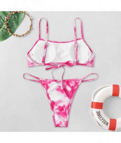 Racing Women's Tie-Dye Print Bikini Set Push-Up Padded Bathing Suits Halter Two Piece Swimwear Swimsuits - Pink - C21905YQI3S...