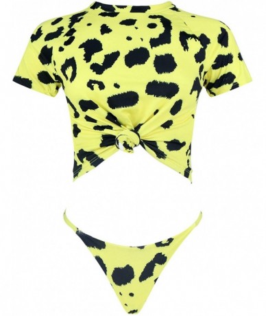 Sets Women's Short Sleeve Bikini Set Sport Swimsuit Top High Cut Thong Bottom - Yellow Leopard-yb1914 - CI18H8CSA8U $47.19