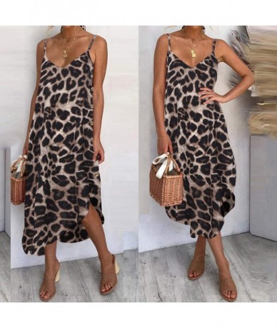 Cover-Ups Women's Summer Dress Spaghetti Strap Button Down Sundress Leopard Loose Dress Casual Beach Skirt Cover Up Slits - C...