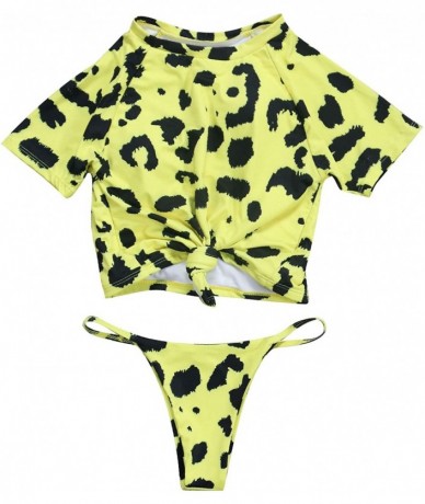 Sets Women's Short Sleeve Bikini Set Sport Swimsuit Top High Cut Thong Bottom - Yellow Leopard-yb1914 - CI18H8CSA8U $47.19