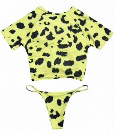 Sets Women's Short Sleeve Bikini Set Sport Swimsuit Top High Cut Thong Bottom - Yellow Leopard-yb1914 - CI18H8CSA8U $47.19