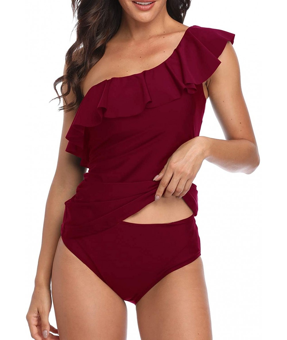 Tankinis Womens One Shoulder Slimming Tankini Swimsuit Ruffle Two Piece Swimwear Strapless Swim Suit - Red - C718XW55HIG $59.20