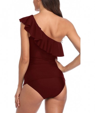 Tankinis Womens One Shoulder Slimming Tankini Swimsuit Ruffle Two Piece Swimwear Strapless Swim Suit - Red - C718XW55HIG $59.20