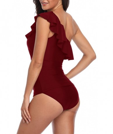 Tankinis Womens One Shoulder Slimming Tankini Swimsuit Ruffle Two Piece Swimwear Strapless Swim Suit - Red - C718XW55HIG $59.20