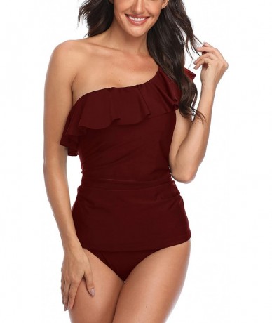 Tankinis Womens One Shoulder Slimming Tankini Swimsuit Ruffle Two Piece Swimwear Strapless Swim Suit - Red - C718XW55HIG $59.20