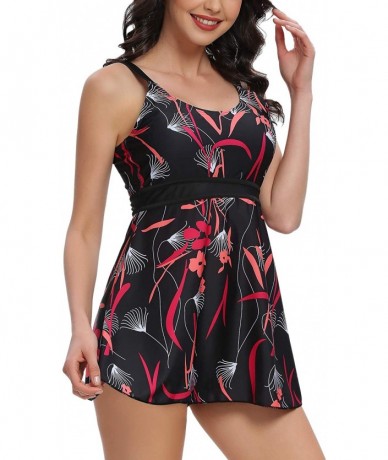 Tankinis Women's Plus Size Swimsuit Retro Print Two Piece Swim Dress Tankini Swimwear - Hs01 - C11969Z36W3 $63.59