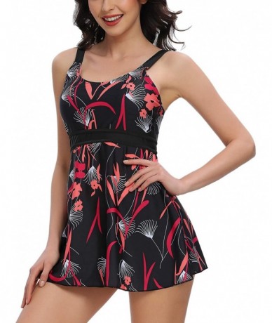 Tankinis Women's Plus Size Swimsuit Retro Print Two Piece Swim Dress Tankini Swimwear - Hs01 - C11969Z36W3 $63.59