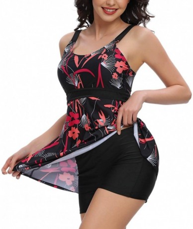 Tankinis Women's Plus Size Swimsuit Retro Print Two Piece Swim Dress Tankini Swimwear - Hs01 - C11969Z36W3 $63.59