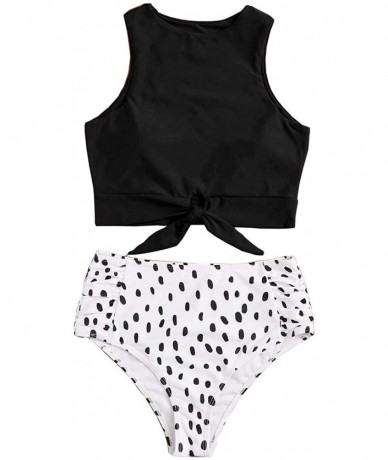 Sets Women's High Waisted Bikini Set Tie Knot Front Crop Top Two Piece Swimsuits - Ad-black Leopard2 - CY19532DEEK $45.92