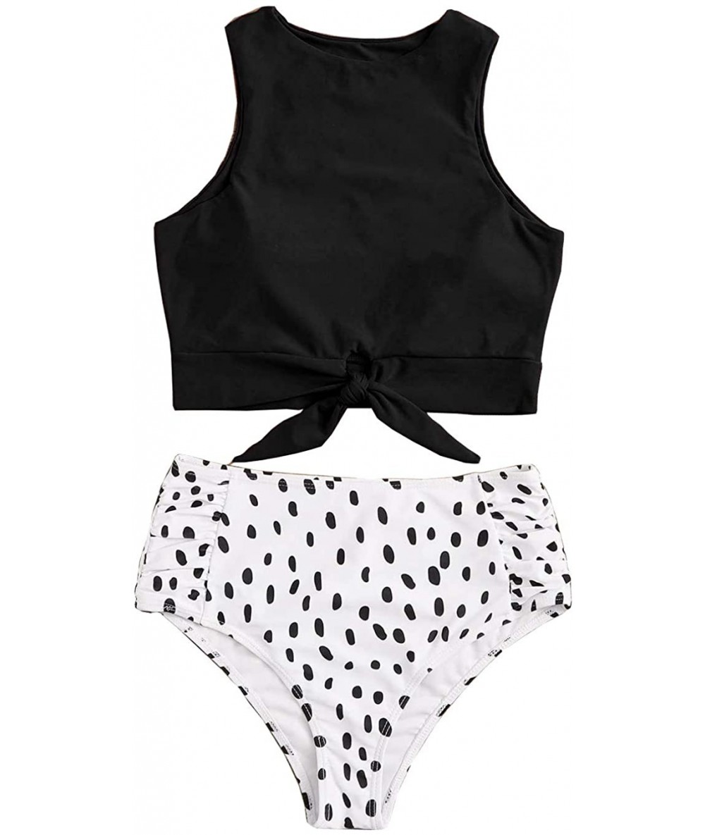 Sets Women's High Waisted Bikini Set Tie Knot Front Crop Top Two Piece Swimsuits - Ad-black Leopard2 - CY19532DEEK $45.92