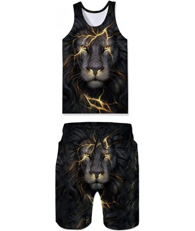 Board Shorts Men's 3D Print Tank Tops Quick Dry Lion Gym Board Short Hawaii Swim Trunks for Summer Beach - Grey Gold - C218QT...