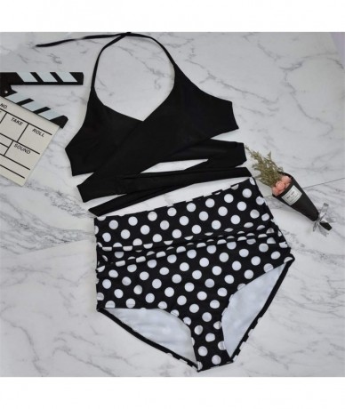 Sets Women High Waisted Bikini Swimsuit Hawaii Print Push-Up Halter Bandage Two Piece Bathing Suits - Black - CN194OYIOSC $23.99