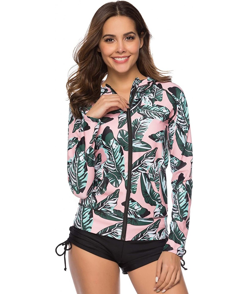 Rash Guards Women UPF 50+ Zip Front Long Sleeve Top Rashguard Swimsuit Swim Shirt - F35 - CP18O6HUH52 $43.74