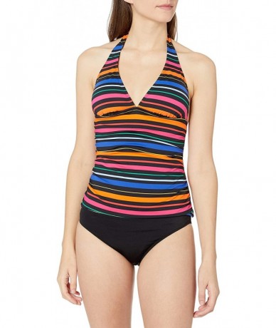 Tankinis Women's Shirred Front V Neck Halter Tankini Top Swimsuit - Bright Stripe - CK18A9WERM8 $76.82