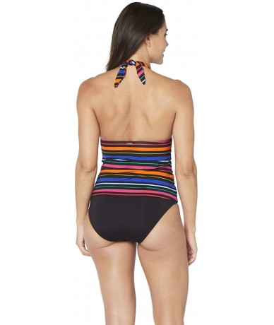 Tankinis Women's Shirred Front V Neck Halter Tankini Top Swimsuit - Bright Stripe - CK18A9WERM8 $76.82