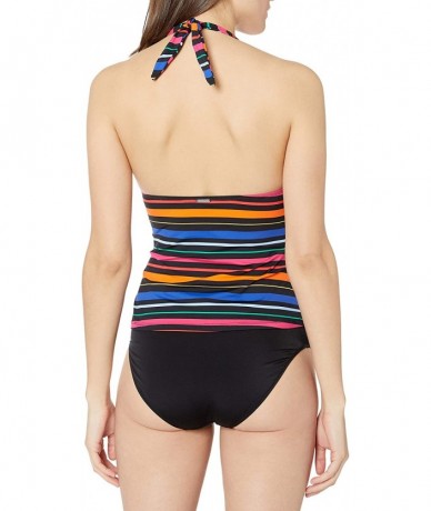 Tankinis Women's Shirred Front V Neck Halter Tankini Top Swimsuit - Bright Stripe - CK18A9WERM8 $76.82