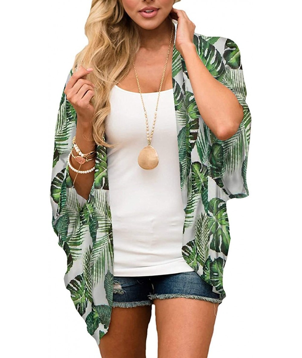 Cover-Ups Women's Floral Kimono Cardigan Casual Swimwear Loose Open Front Cover Up Tops - Tropical Leaves - C7193THLH0M $29.86