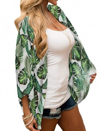 Cover-Ups Women's Floral Kimono Cardigan Casual Swimwear Loose Open Front Cover Up Tops - Tropical Leaves - C7193THLH0M $29.86