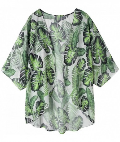 Cover-Ups Women's Floral Kimono Cardigan Casual Swimwear Loose Open Front Cover Up Tops - Tropical Leaves - C7193THLH0M $29.86