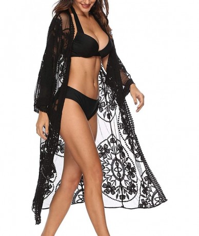 Cover-Ups Women's Lace Cardigan Floral Crochet Sheer Beach Bikini Cover Ups Long Open Kimono - Black - CF18T2O97DM $38.92