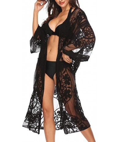 Cover-Ups Women's Lace Cardigan Floral Crochet Sheer Beach Bikini Cover Ups Long Open Kimono - Black - CF18T2O97DM $38.92