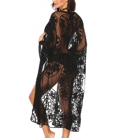 Cover-Ups Women's Lace Cardigan Floral Crochet Sheer Beach Bikini Cover Ups Long Open Kimono - Black - CF18T2O97DM $38.92