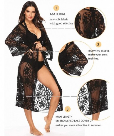 Cover-Ups Women's Lace Cardigan Floral Crochet Sheer Beach Bikini Cover Ups Long Open Kimono - Black - CF18T2O97DM $38.92