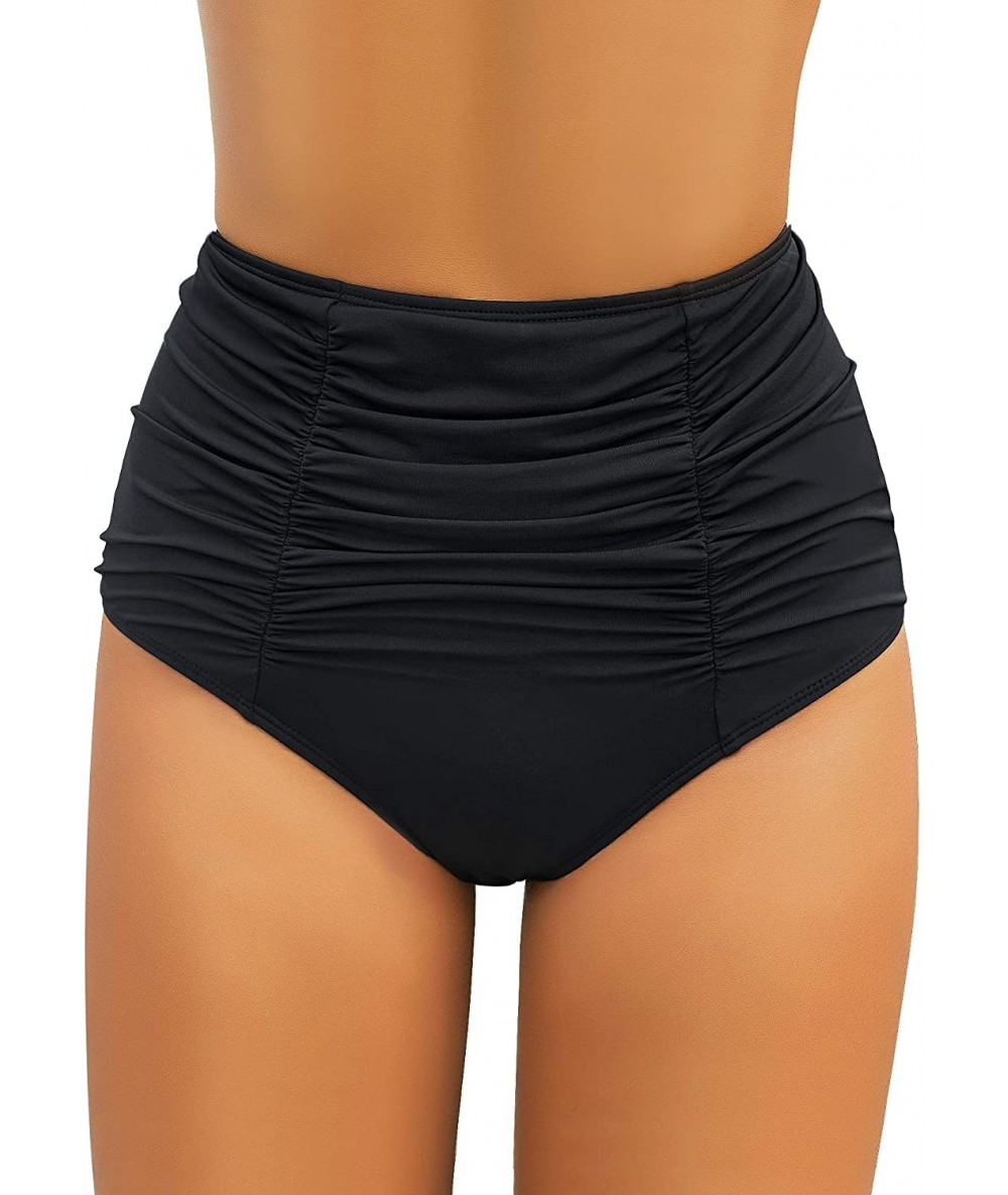 Tankinis Women's High Waisted Swim Bottoms Ruched Bikini Tankini Swim Briefs - High Waist-black - CZ193CCDCXY $32.11