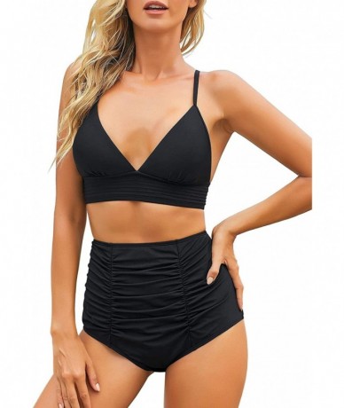 Tankinis Women's High Waisted Swim Bottoms Ruched Bikini Tankini Swim Briefs - High Waist-black - CZ193CCDCXY $32.11