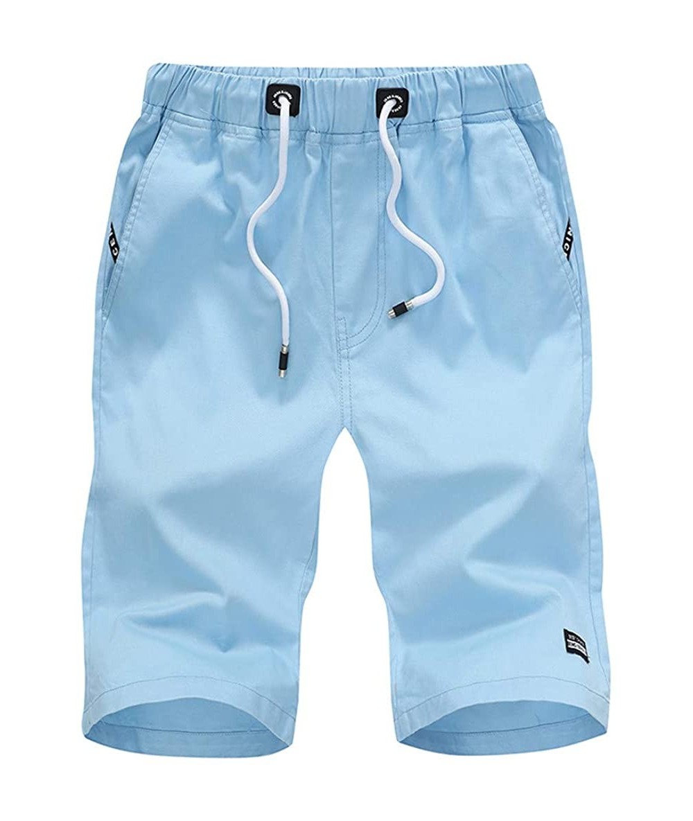 Rash Guards Men's Casual Pants Summer Drawstring Elastic Waist Loose Straight Sports Beach Cotton Short Pants - Sky Blue - CZ...