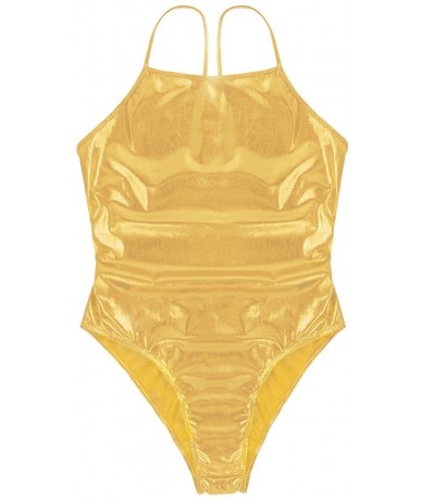 One-Pieces Womens Wet Look Spaghetti Straps Swimwear High Cut Thongs Teddy Backless Lingerie Leotard Bodysuit Beachwear Gold ...