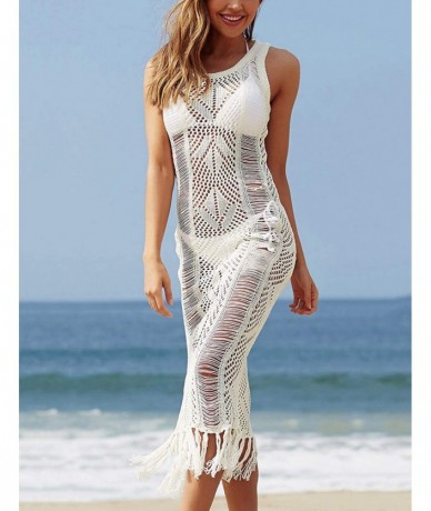 Cover-Ups Womens Sexy V Neck Hollow Out Crochet Swimsuit Cover Up Bikini Beach Dress with Tassel - Z2-white - CC18QR8MUA3 $44.72