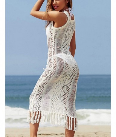 Cover-Ups Womens Sexy V Neck Hollow Out Crochet Swimsuit Cover Up Bikini Beach Dress with Tassel - Z2-white - CC18QR8MUA3 $44.72