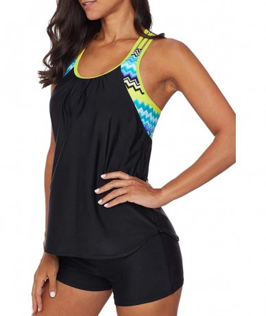 Sets Womens Blouson Strappy T-Back Push Up Tankini Top Swimsuits with Shorts - N Black - CZ195NM5SA2 $48.80