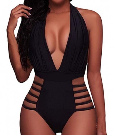 One-Pieces Women One Piece Swimsuit V Neck Cutout Monokini Swimwear Tummy Control Beachwear Bathing Suits - Zzz-black - C6194...