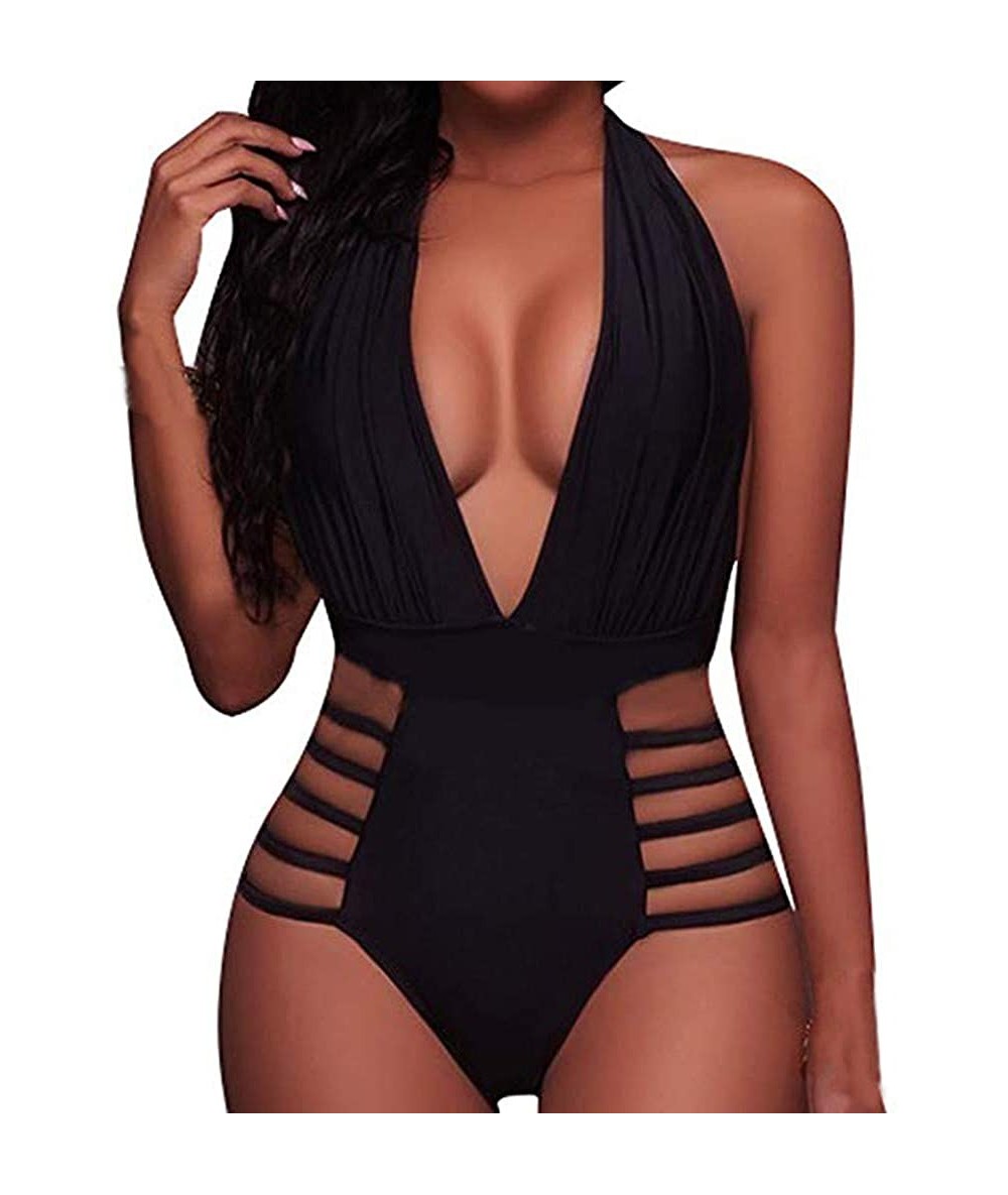 One-Pieces Women One Piece Swimsuit V Neck Cutout Monokini Swimwear Tummy Control Beachwear Bathing Suits - Zzz-black - C6194...