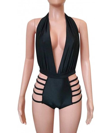 One-Pieces Women One Piece Swimsuit V Neck Cutout Monokini Swimwear Tummy Control Beachwear Bathing Suits - Zzz-black - C6194...