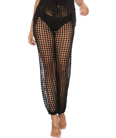 Cover-Ups Womens Cover Up Pants Hollow Out Crochet High Waist Mesh Beach Bikini Swimsuits Pants - Black1 - CQ18TUO2YI3 $34.82