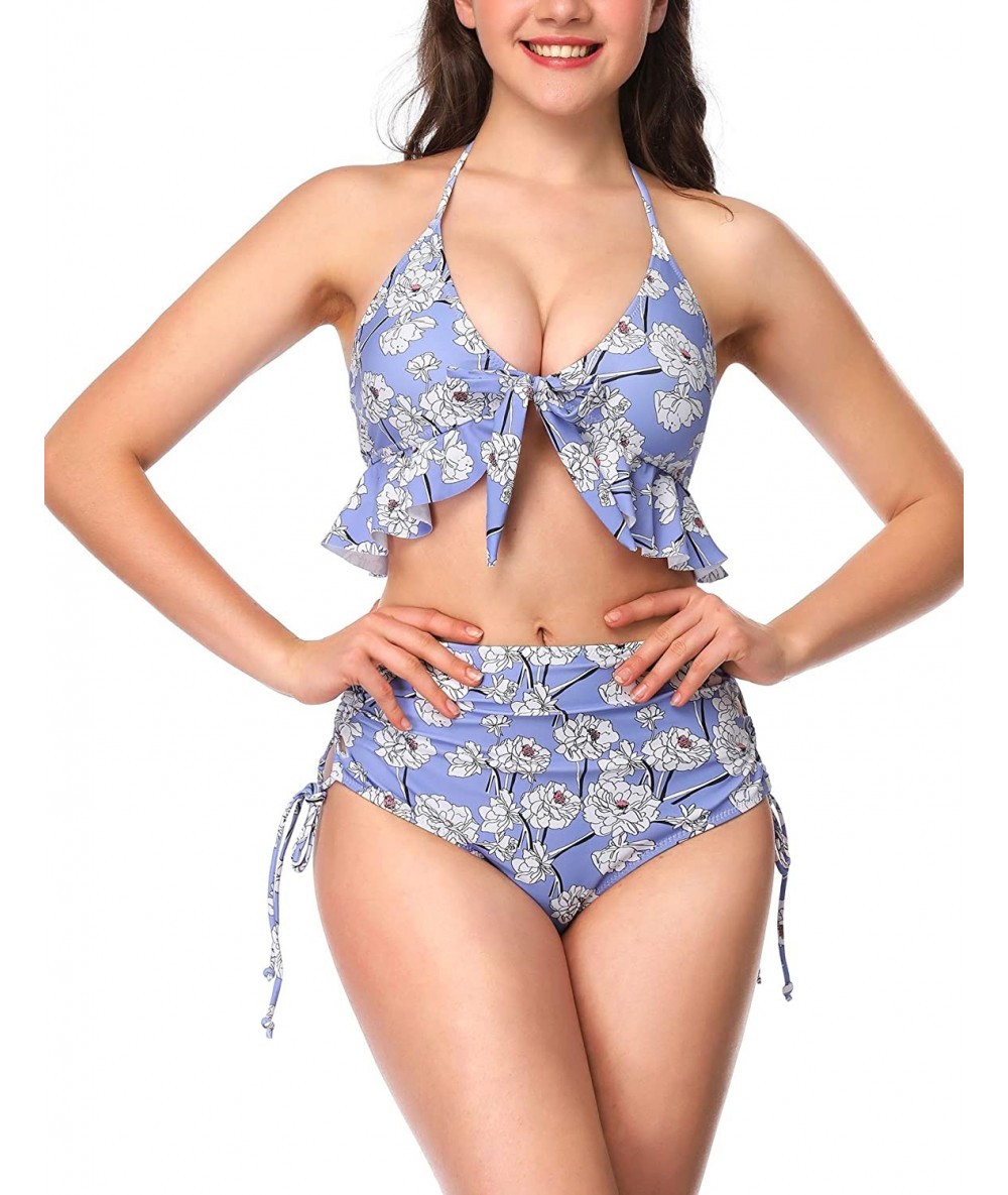 Sets Women Swimsuits Two Piece High Waisted Bandeau Bikini Sets - Purple Print - CZ18OQLO3E0 $49.22