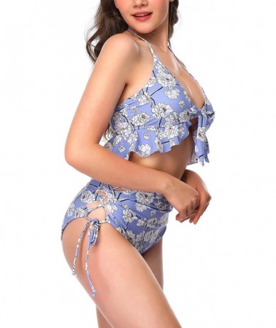 Sets Women Swimsuits Two Piece High Waisted Bandeau Bikini Sets - Purple Print - CZ18OQLO3E0 $49.22