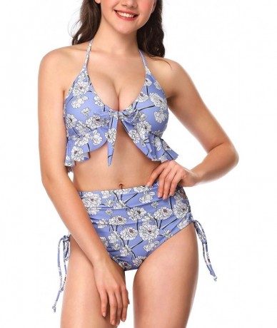 Sets Women Swimsuits Two Piece High Waisted Bandeau Bikini Sets - Purple Print - CZ18OQLO3E0 $49.22