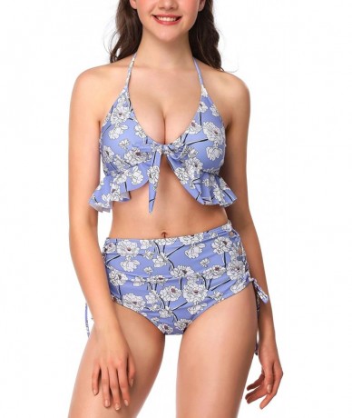 Sets Women Swimsuits Two Piece High Waisted Bandeau Bikini Sets - Purple Print - CZ18OQLO3E0 $49.22