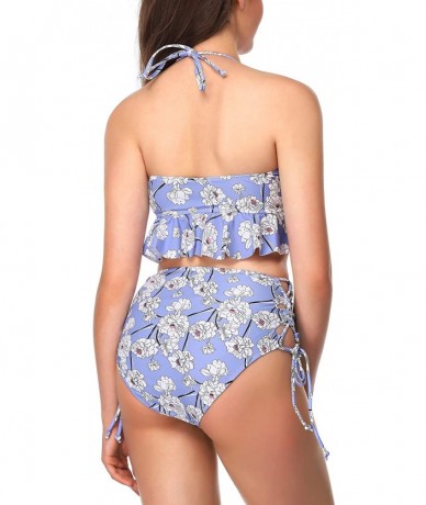 Sets Women Swimsuits Two Piece High Waisted Bandeau Bikini Sets - Purple Print - CZ18OQLO3E0 $49.22