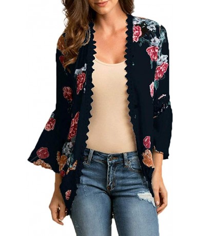 Board Shorts Chiffon Shawl Print Lace Kimono Cardigan Cover Up Flare Sleeve Beachwear Women - Black - CI18OM8QKTX $35.48