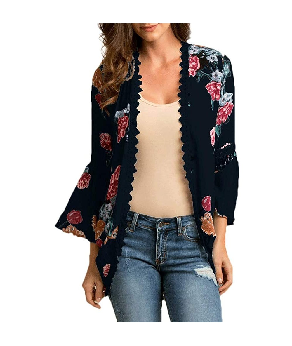 Board Shorts Chiffon Shawl Print Lace Kimono Cardigan Cover Up Flare Sleeve Beachwear Women - Black - CI18OM8QKTX $35.48