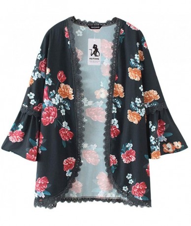 Board Shorts Chiffon Shawl Print Lace Kimono Cardigan Cover Up Flare Sleeve Beachwear Women - Black - CI18OM8QKTX $35.48