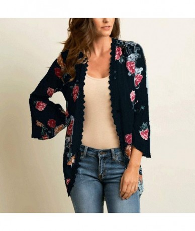 Board Shorts Chiffon Shawl Print Lace Kimono Cardigan Cover Up Flare Sleeve Beachwear Women - Black - CI18OM8QKTX $35.48